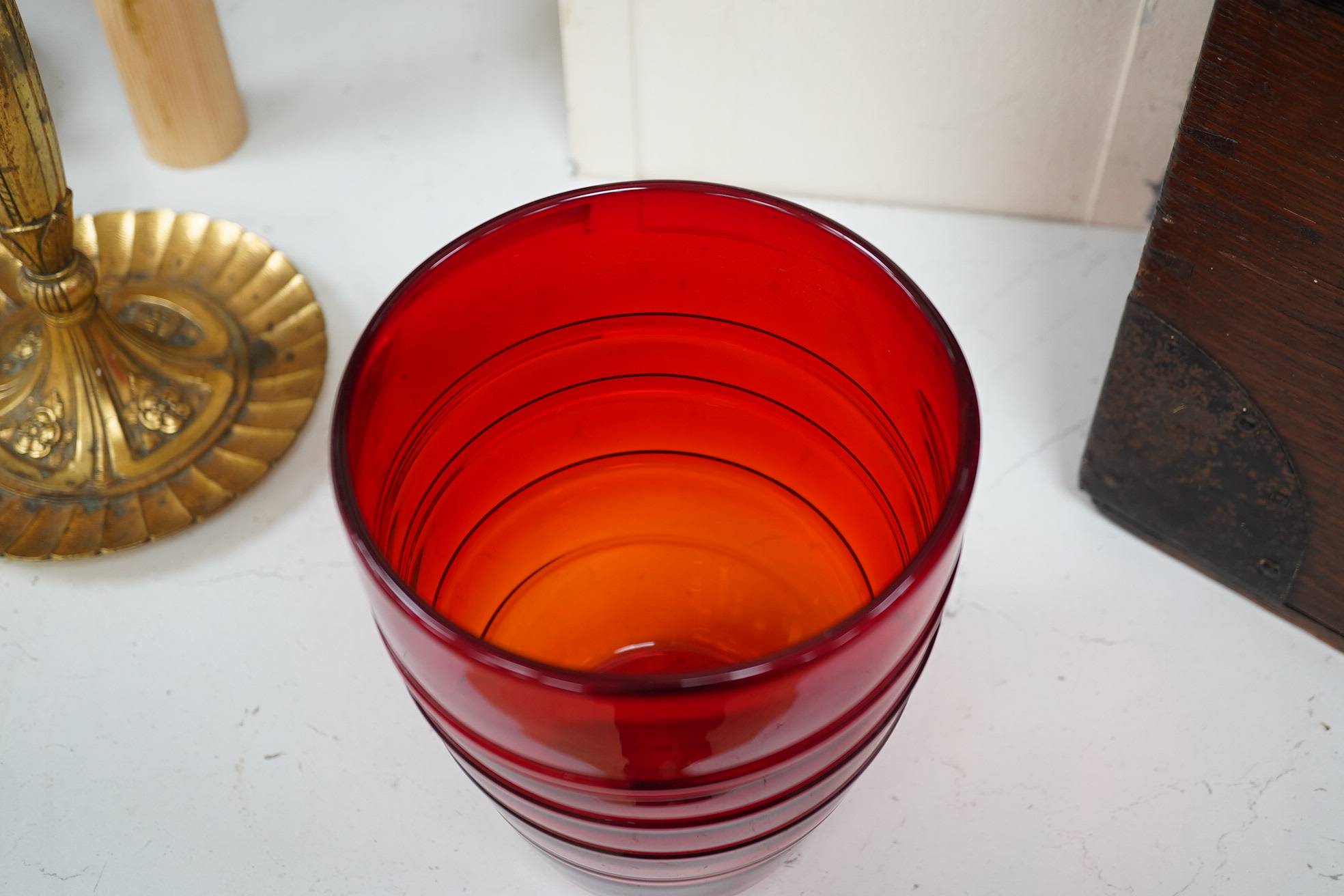 Seven red glass vases including Whitefriars, tallest 21cm high. Condition -good